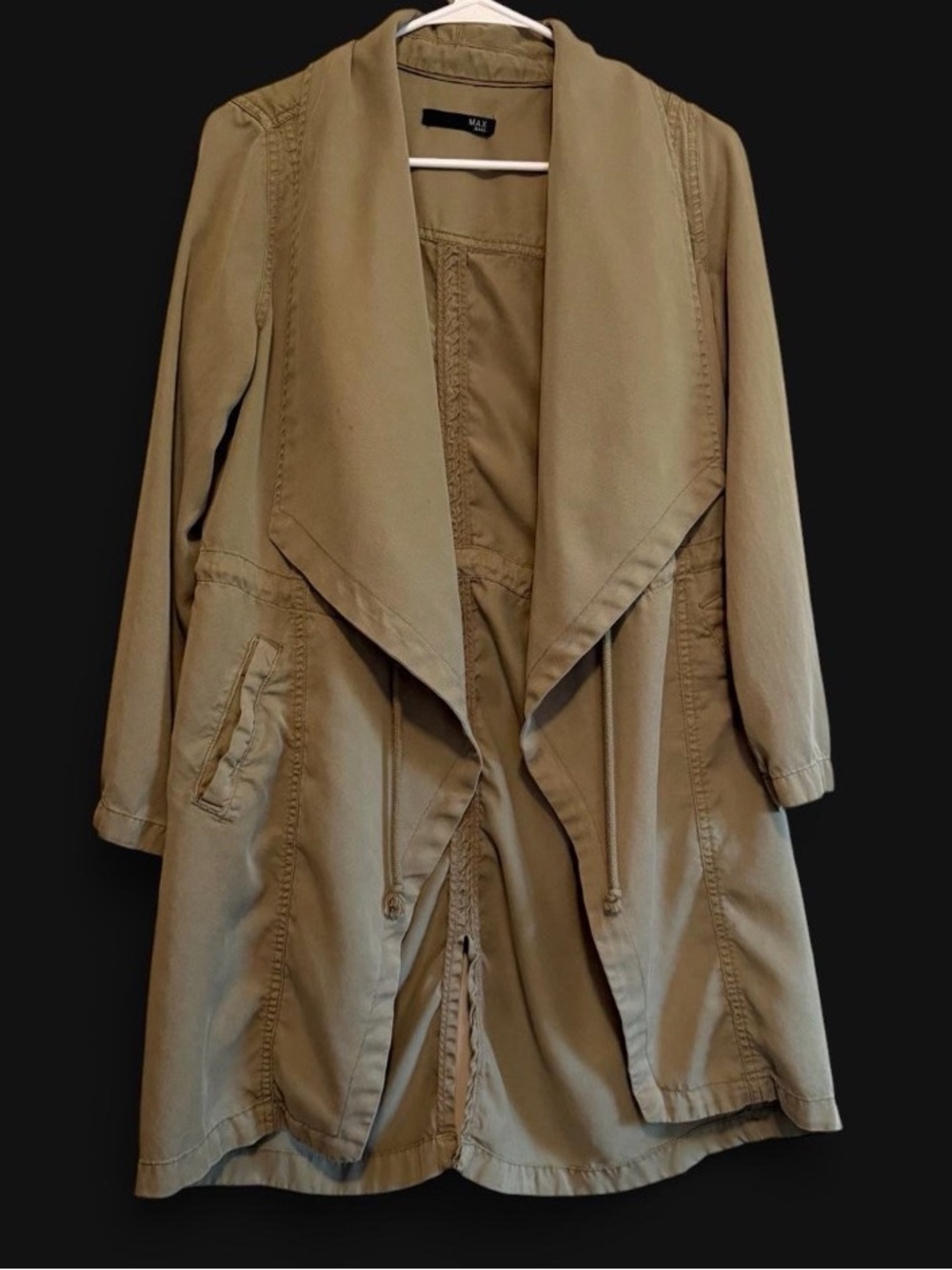 Max Jeans Open Drape Front Duster Utility Jacket Olive Green Green Cinch Waist S